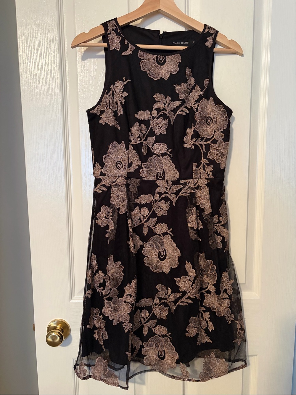 Ivanka Trump Black Midi Dress with Champagne Sparkle Floral Embroidery